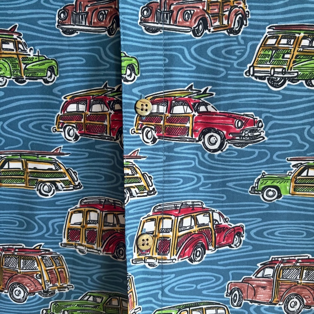 Campia Moda Men’s NEWShort Sleeve Button-Up Shirt Blue Retro Car Print Size L - Picture 6 of 14
